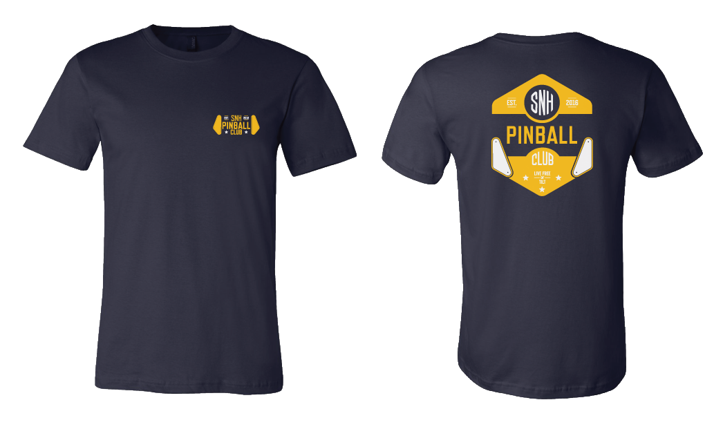 Southern New Hampshire Pinball Club t-shirt in blue showing front and back