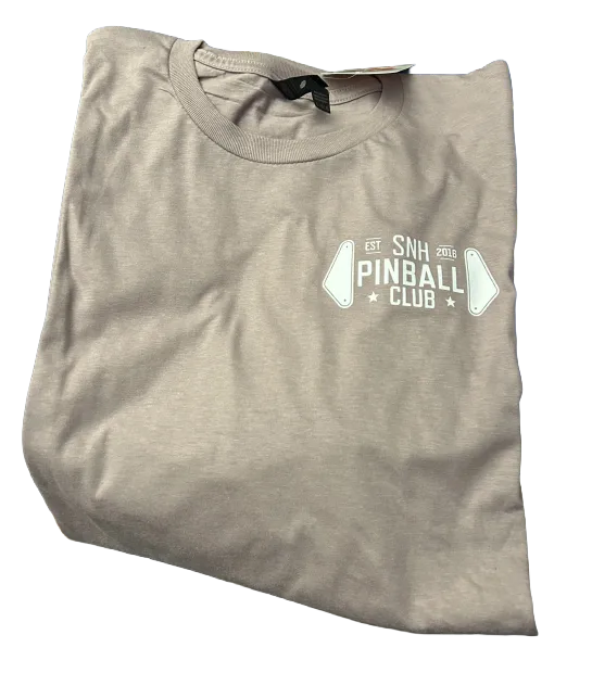 Southern New Hampshire Pinball Club t-shirt in tan